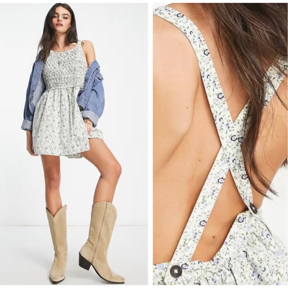 Free People Petunia Dress  Tea Combo Floral Open Back NWT Boho Cottagecore L